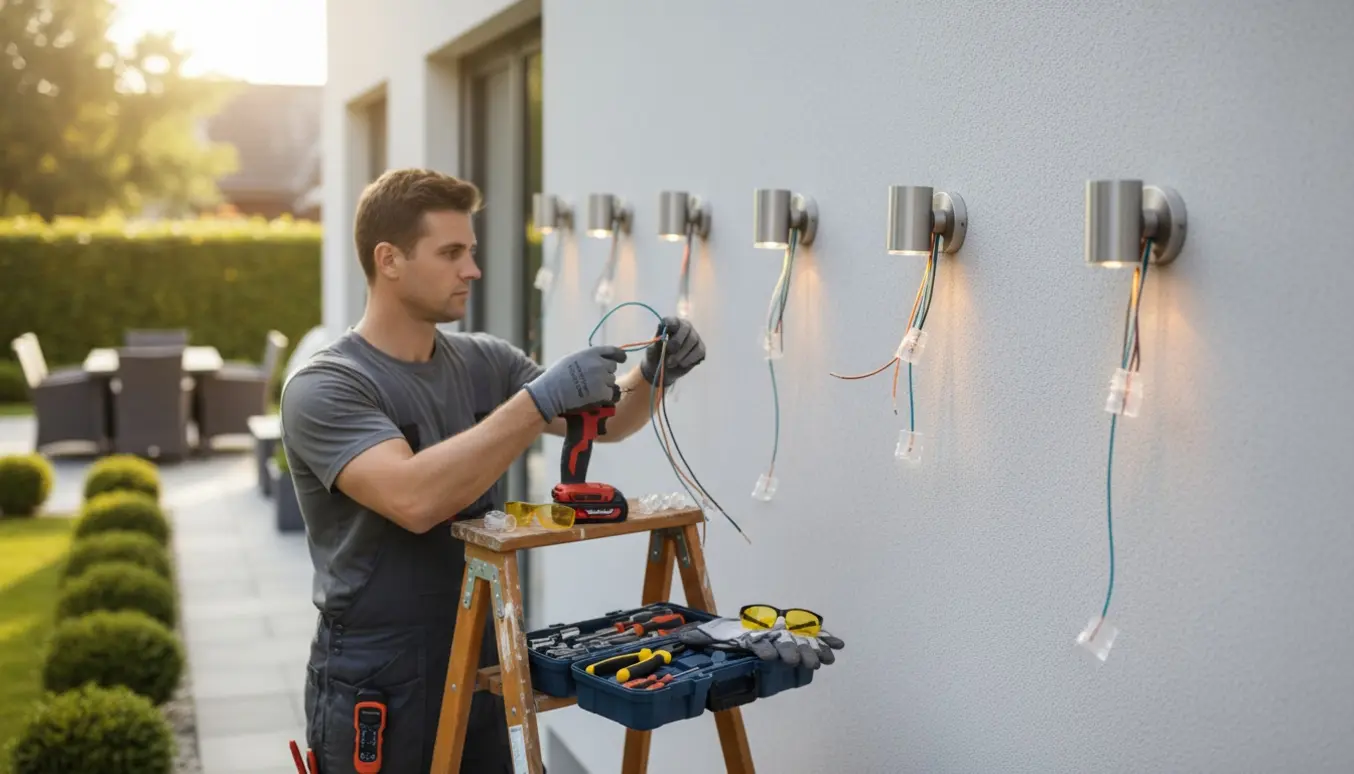 Elektriker monterer syv udendørs lamper på husmuren med ledninger og værktøj synligt.