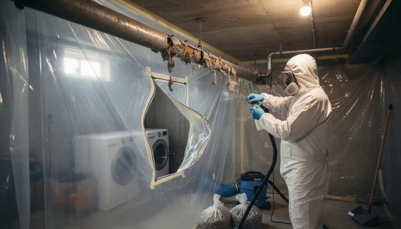 Professionel asbestsanering af 12 m rør i kælder med støvafskærmning, undertryk og forseglede affaldssække.