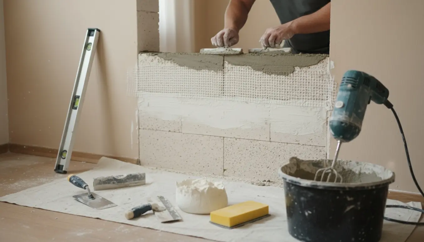 Håndværker lukker en døråbning med gasbetonblokke, spartelmasse og filtet puds.