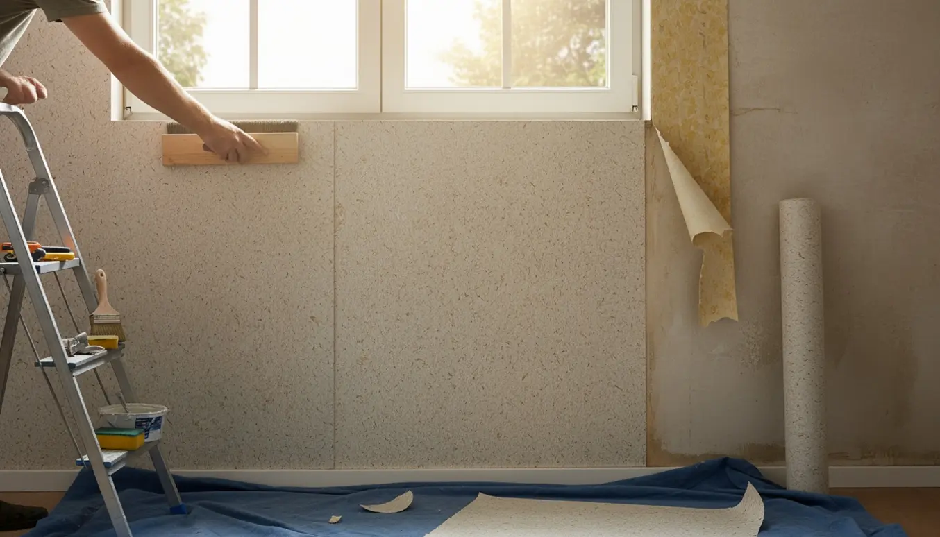 Hænder opsætter savsmuldstapet under et vindue, mens gammelt tapet er løsnet og hænger ned.
