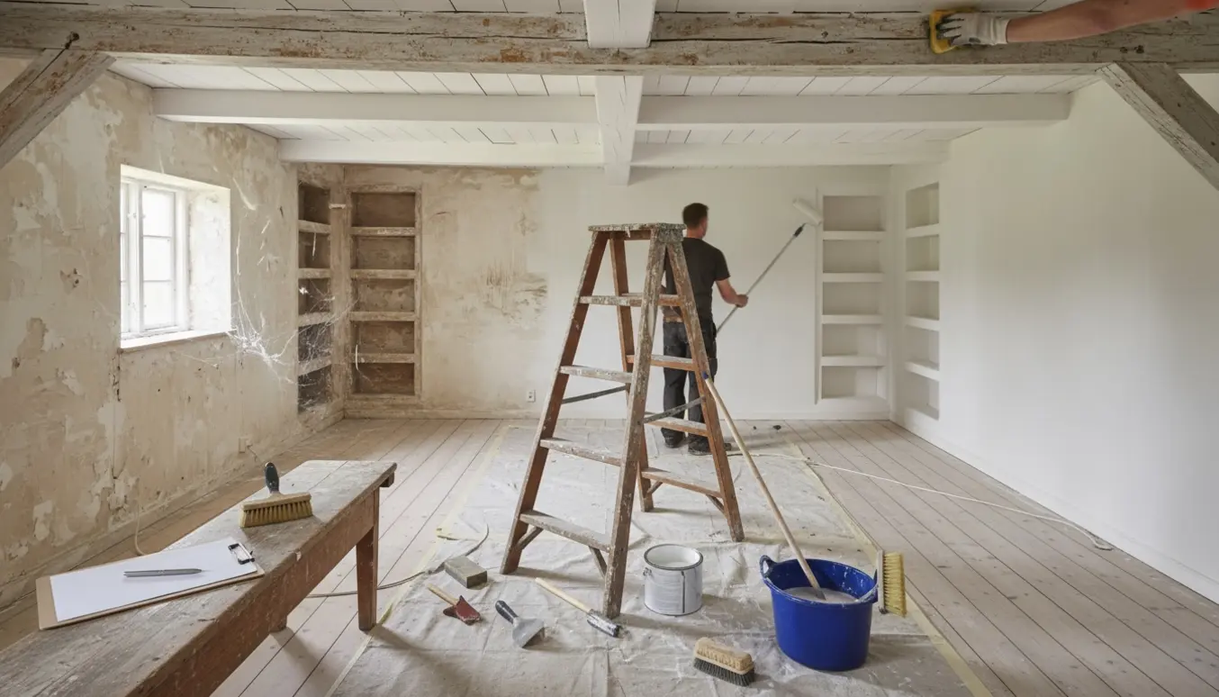 Indvendigt bondehus med synlige bjælker og værktøj, hvor vægge vaskes og klargøres til maling.