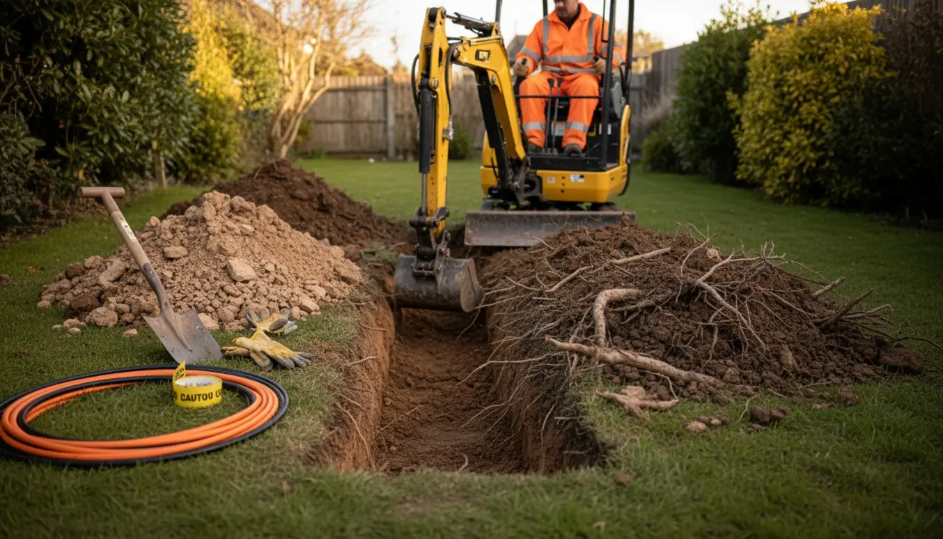 Minigraver graver en tre meter lang rende i en have til nedgravning af kabel med eksponerede rødder og opviklet kabel ved siden af.