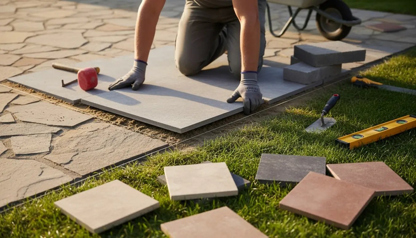 Nærbillede af anlægning af fliser på et lille græsområde ved siden af en eksisterende terrasse.