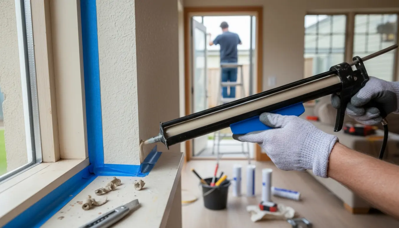 Hænder fuge en vinduesramme indvendigt med en fugepistol, mens udvendig fuge arbejdes på i baggrunden.