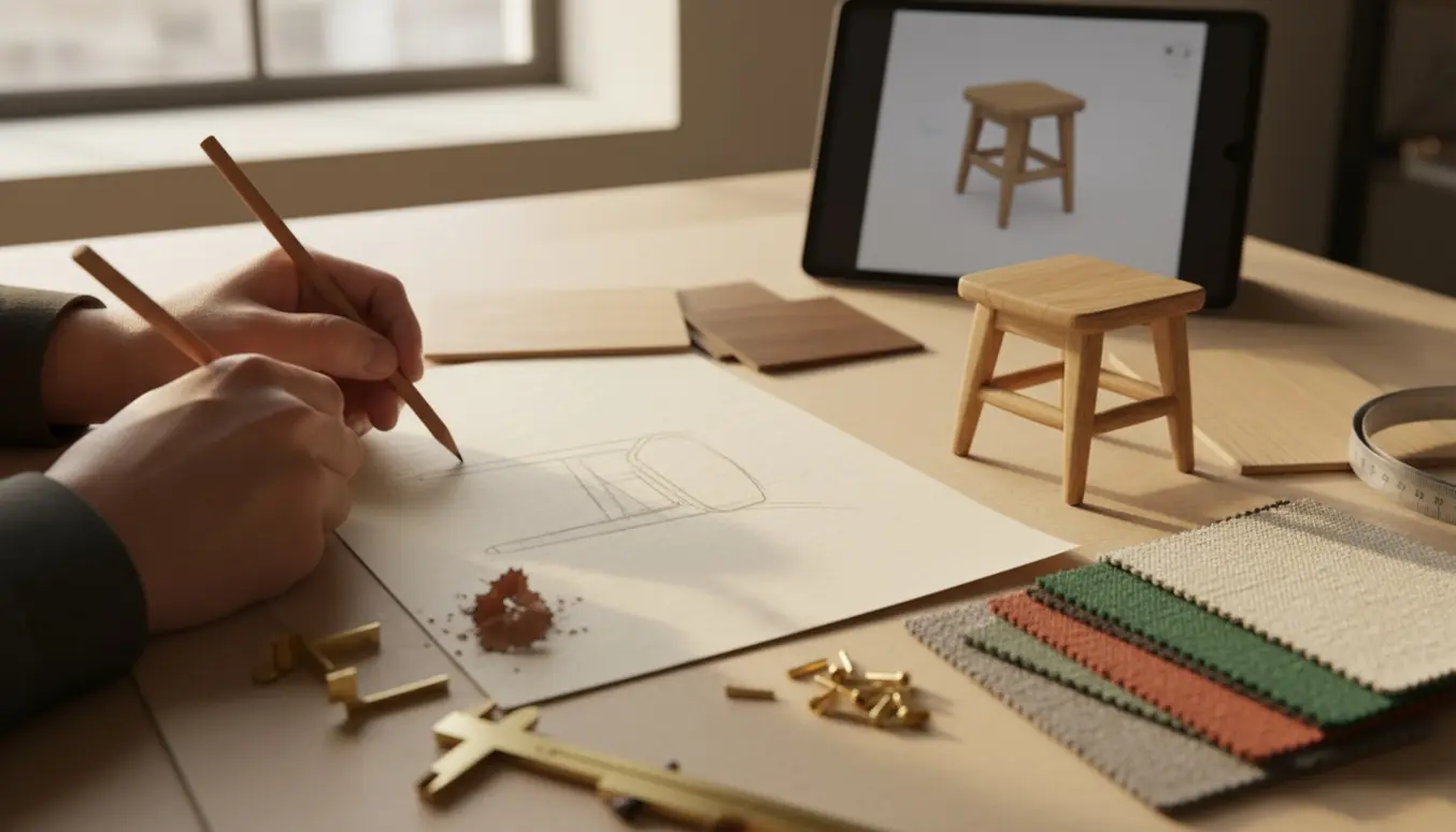 Hænder tegner og finpudser et lille møbeldesign på et arbejdsbord med træprøver og en mini-prototype.