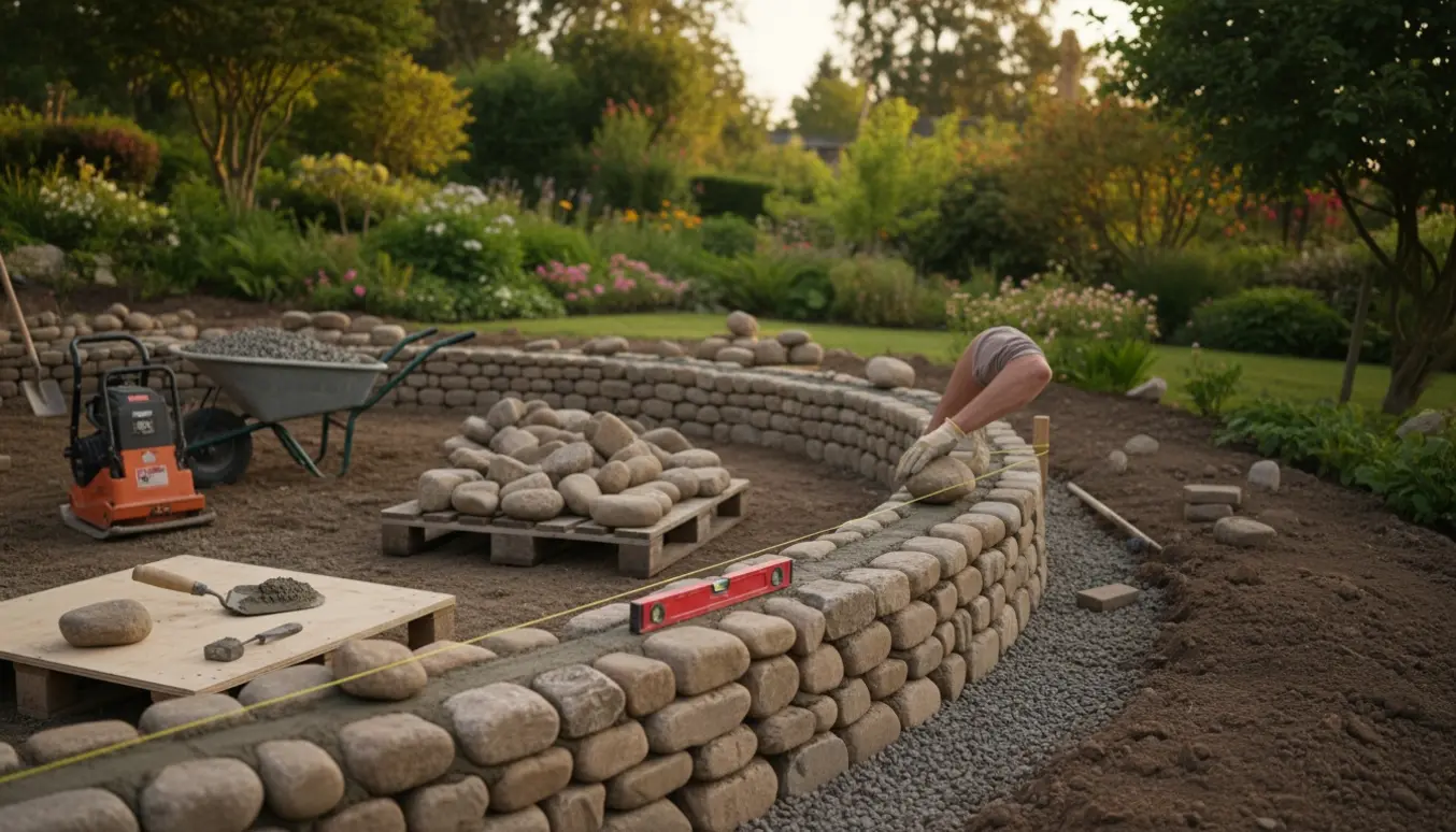 Delvist opført brostens støttemur i en have med værktøj og bunker af sten.
