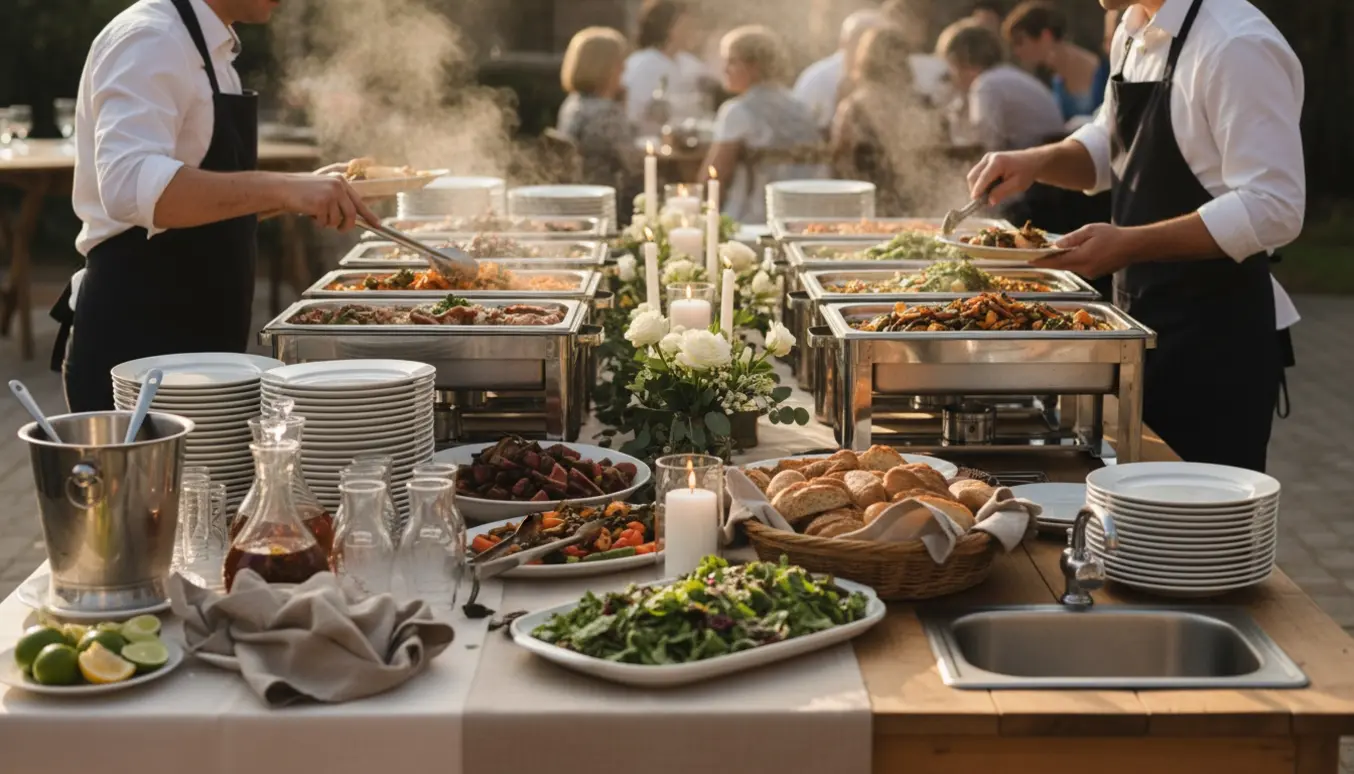 To tjenere serverer buffetmad ved lange borde til et bryllup i gyldent eftermiddagslys.