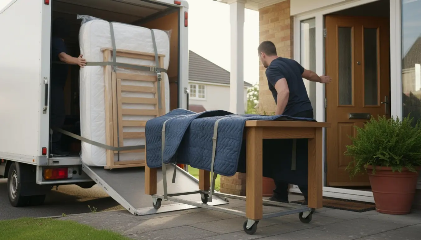 En hjælper sætter en indpakket enkeltseng og et spisebord af fra en flyttebil ved en boligindgang.