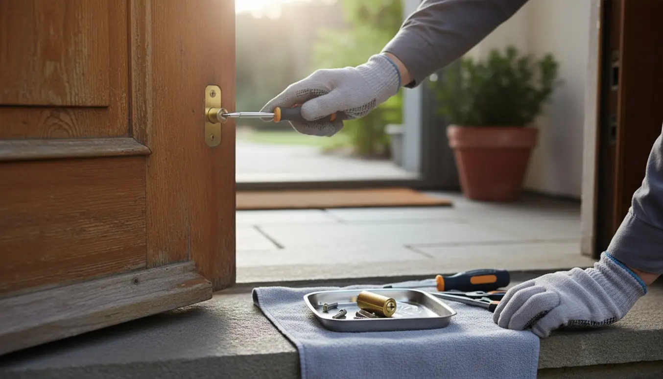 Nærbillede af hænder, der udskifter en låsekassette i en trædør med værktøj ved siden af.