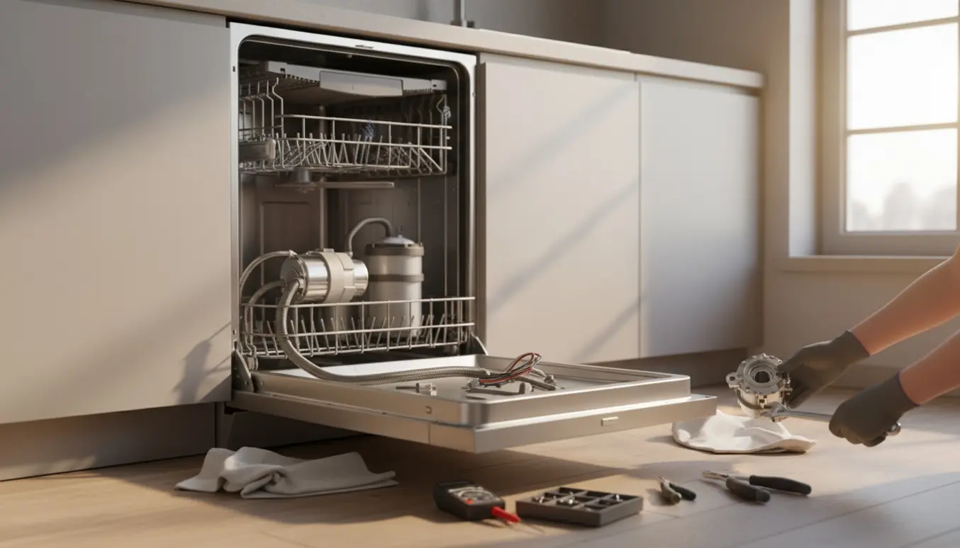 Nærbillede af en åben opvaskemaskine under reparation med teknikers hænder og værktøj i et lyst, ryddeligt køkken.