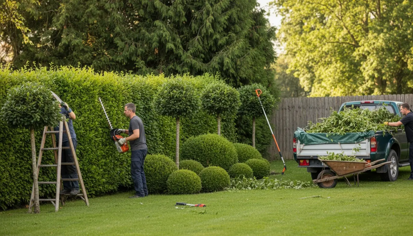 Beskæring af hæk og buske i en privat have med trailer til grønt affald.