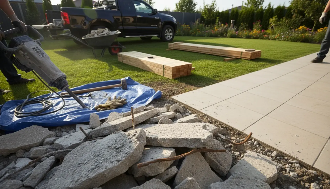 Brudt betondæk og værktøj i en baghave klar til bortkørsel og etablering af træterrasse.