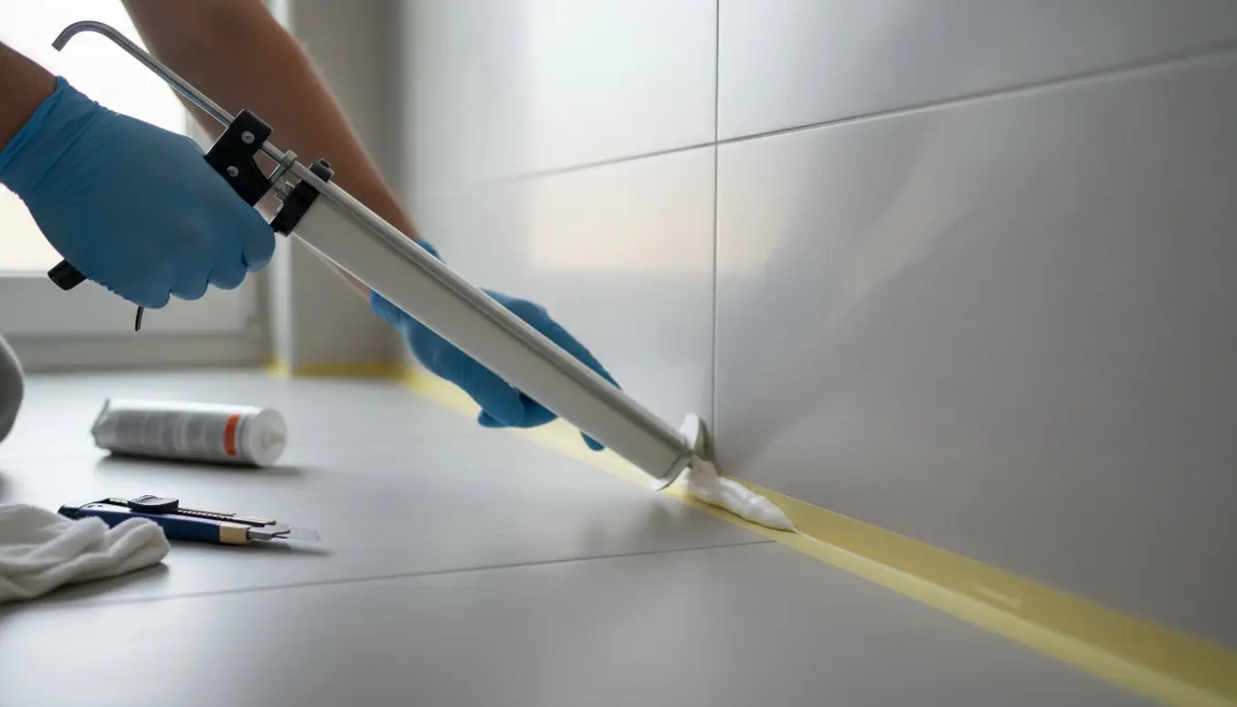 Nærbillede af hænder, der fuger mellem badeværelsesgulv og væg med en fugepistol og et glatteværktøj.