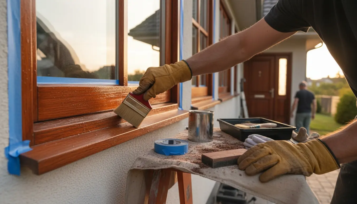 Hænder sliber og olierer et mahognivindue med værktøj og oliekande på et dækken.