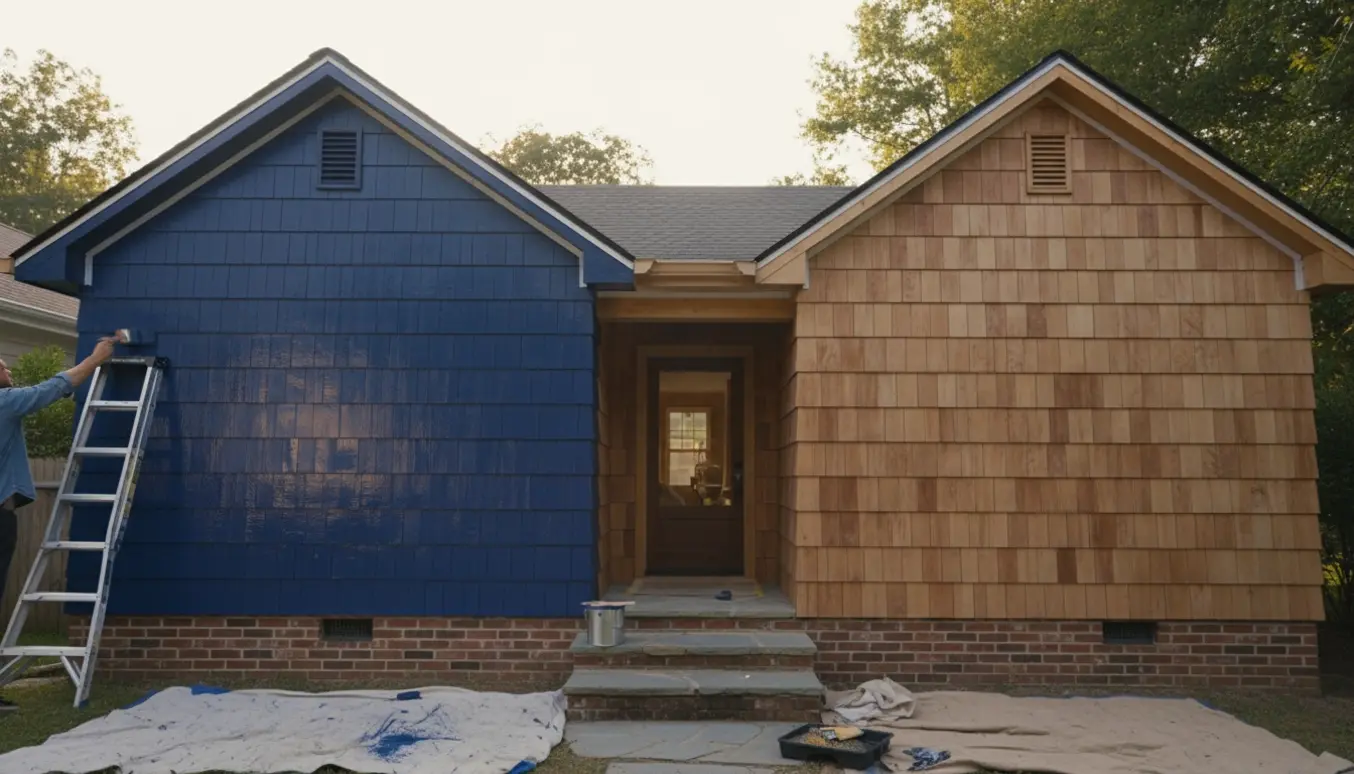 To gavle på et etplans hus under maling med stige, malerbøtte og pensel i forgrunden.