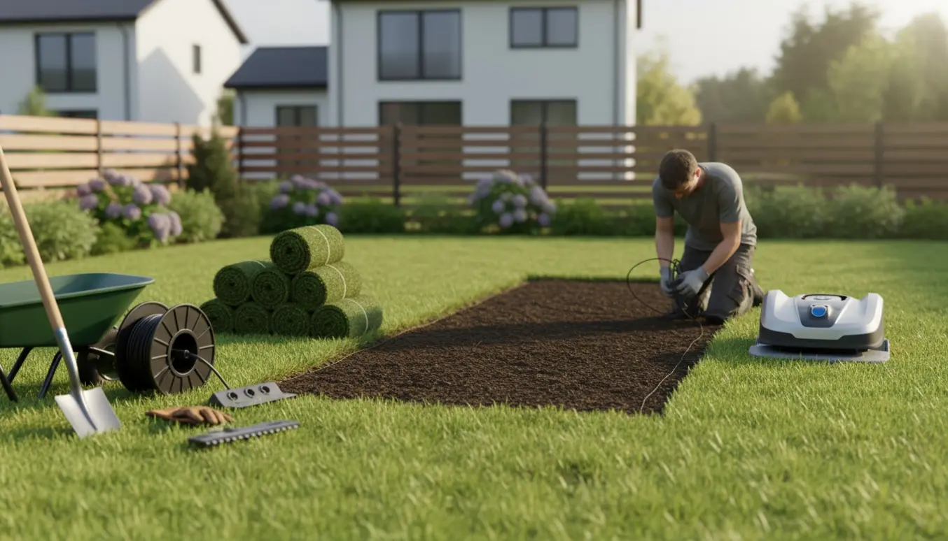 Baghave med rullet græs, en åben rende med perimeterkabel og en robotplæneklipper ved sin opladningsstation, arbejderen ses bagfra.