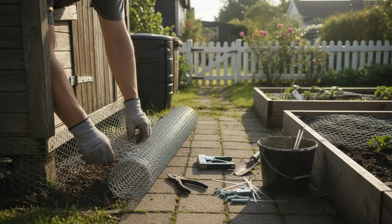 Hænder monterer galvaniseret net rundt om bunden af et kolonihavehus for at sikre mod rotter i en Valby-koloni.