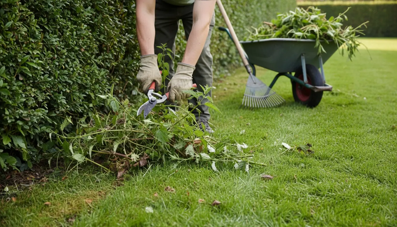 Nærbillede af handskerede hænder, der klipper brændenælder og renser kanten langs en hæk med et ryddet hjørne og redskaber i baggrunden.