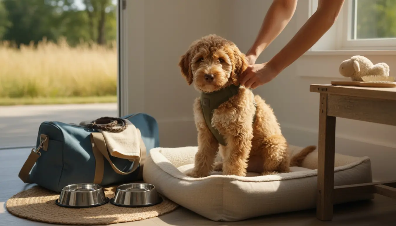 Ung Lagotto Romagnolo på en hundeseng i et solfyldt hjem med rejsetaske, sele og skåle klar til pasning.