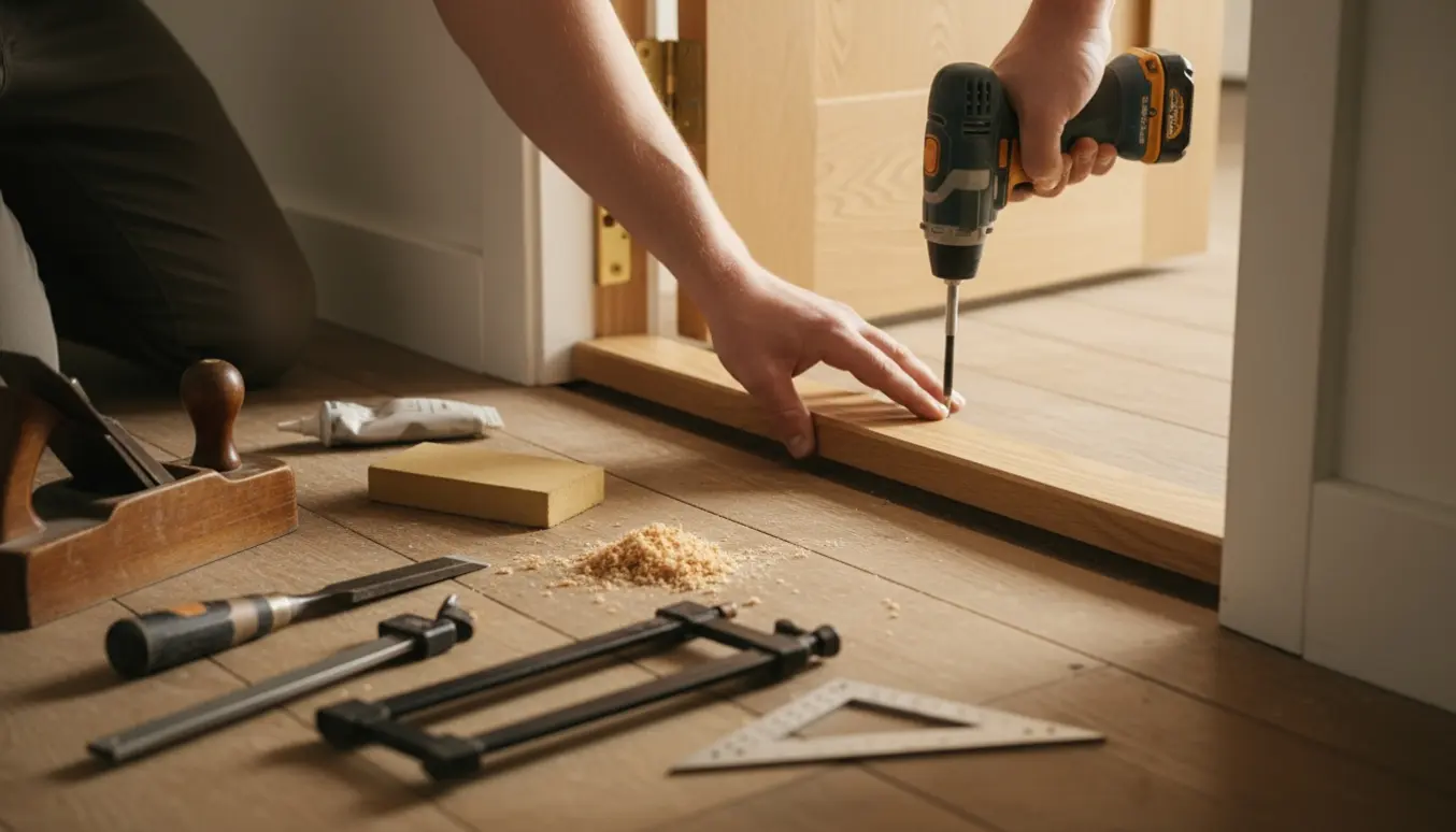 Tømrer monterer nyt trædørtrin og justerer døren i en oplyst gang, kun hænder synlige.