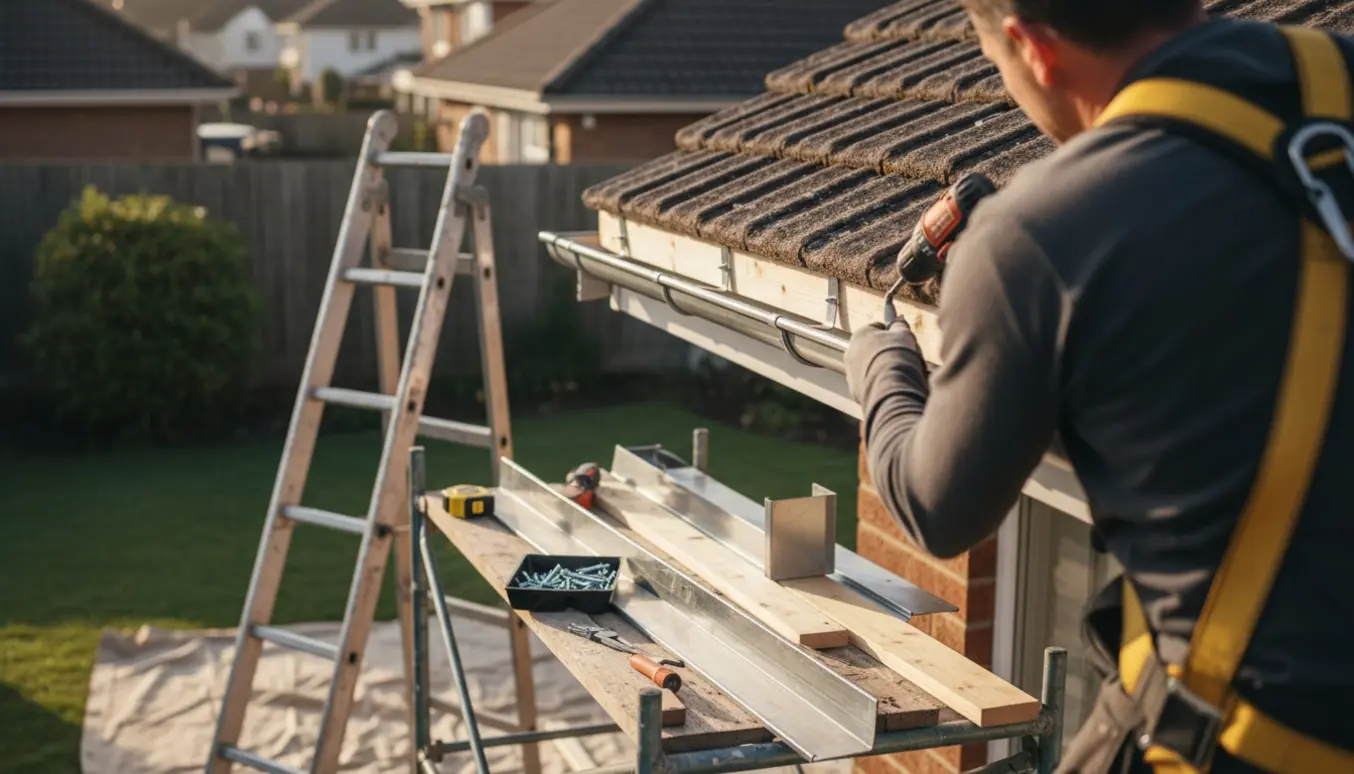 Tømrer monterer nye tagrender og gavlbrædder på husets udhæng i blødt morgentlys.