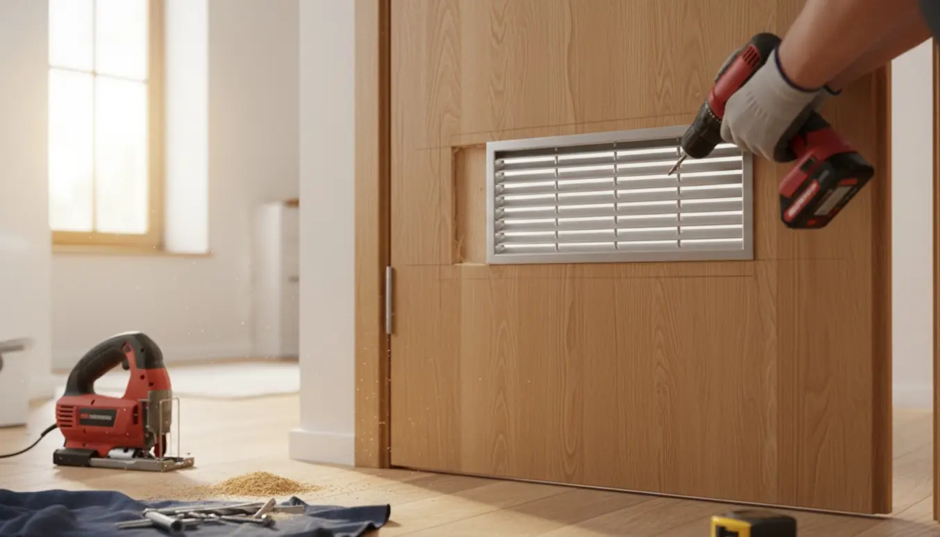 Nærbillede af en trædør med et nysavet hul, hvor en ventilationsrist bliver skruet på.