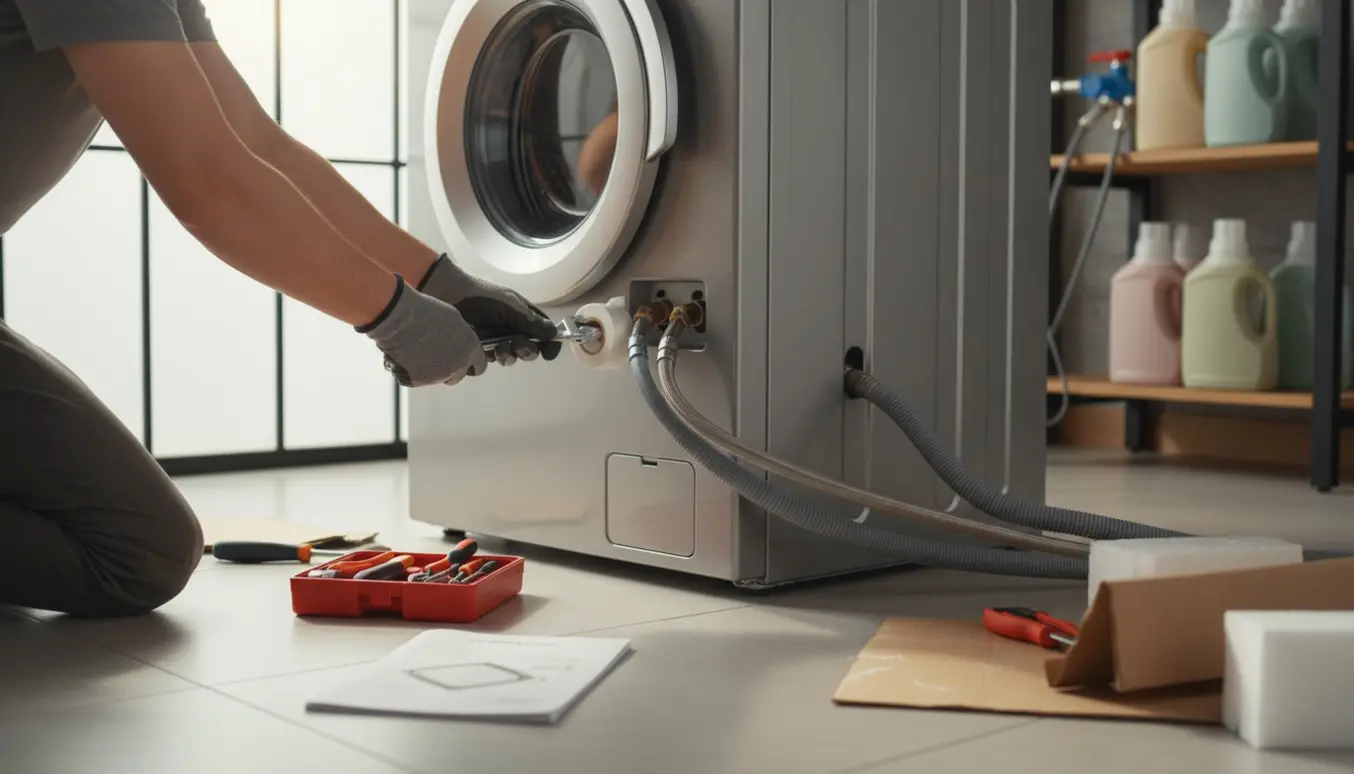 Hænder forbinder vandslanger til en ny frontbetjent vaskemaskine i et lyst vaskerum.