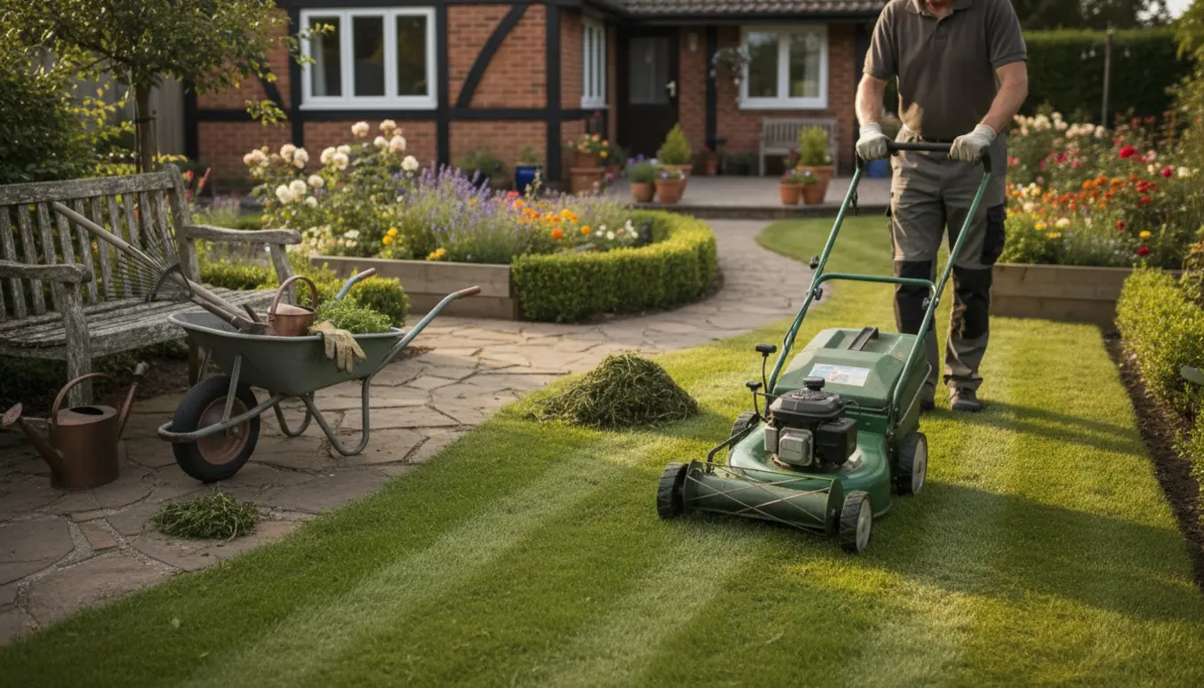 En havemand slår græsset og fjerner ukrudt i en lille have ved en ældrebolig med redskaber og blomsterbede i baggrunden.