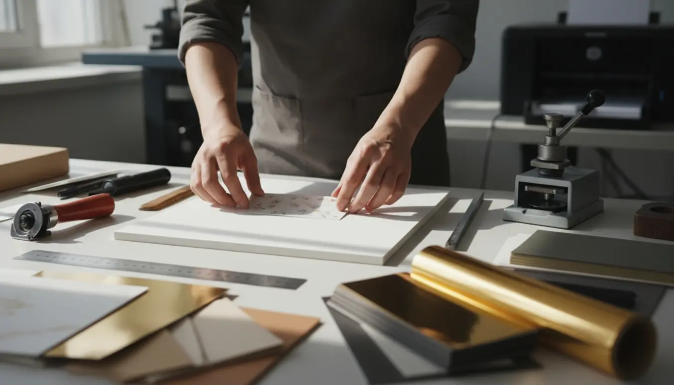 Hænder monterer trykt gavekort på en tyk hård papbaggrund i et lyst værksted.