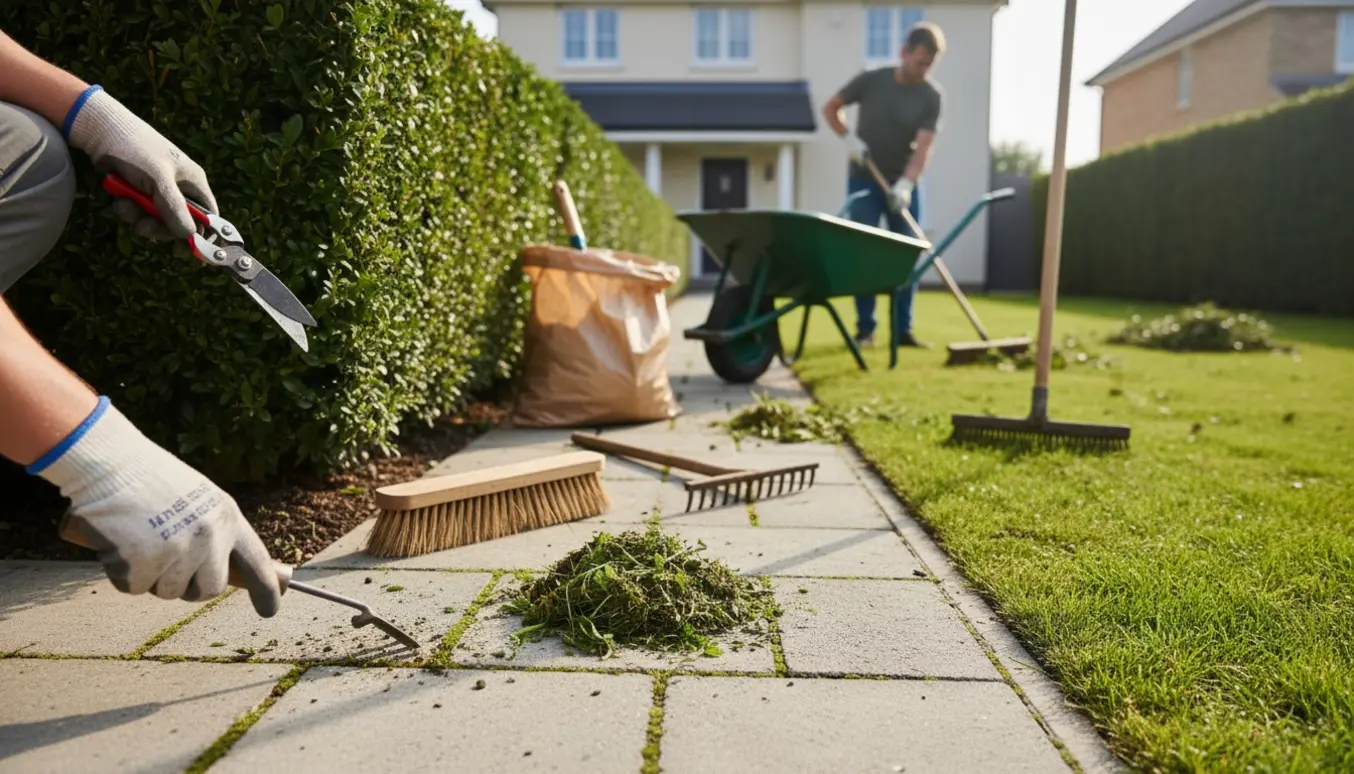 Havearbejde ved forhaven: hækkeklip, kantning af græs og fjernelse af ukrudt mellem fliser.