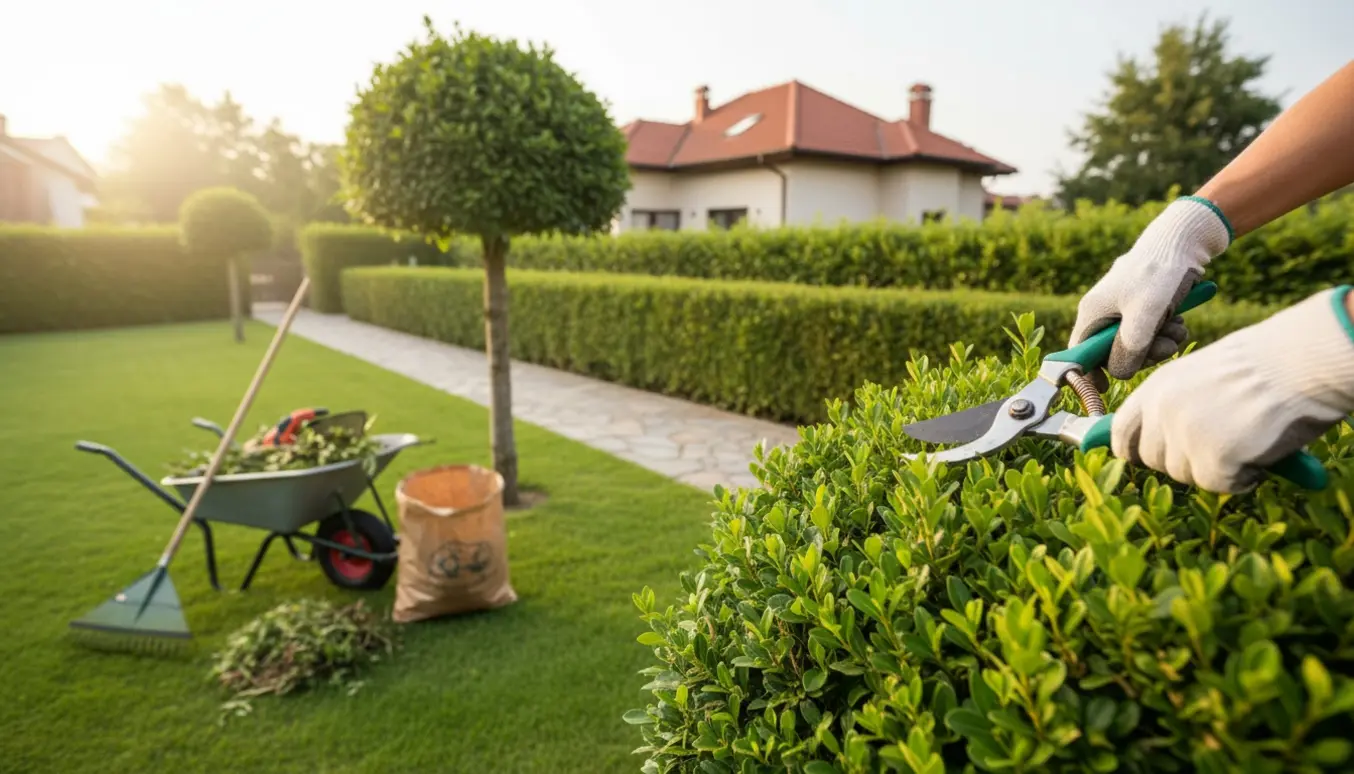 Genskåret busk og handsker med beskæringssaks i en velholdt forhave med trillebør fyldt med afklip.