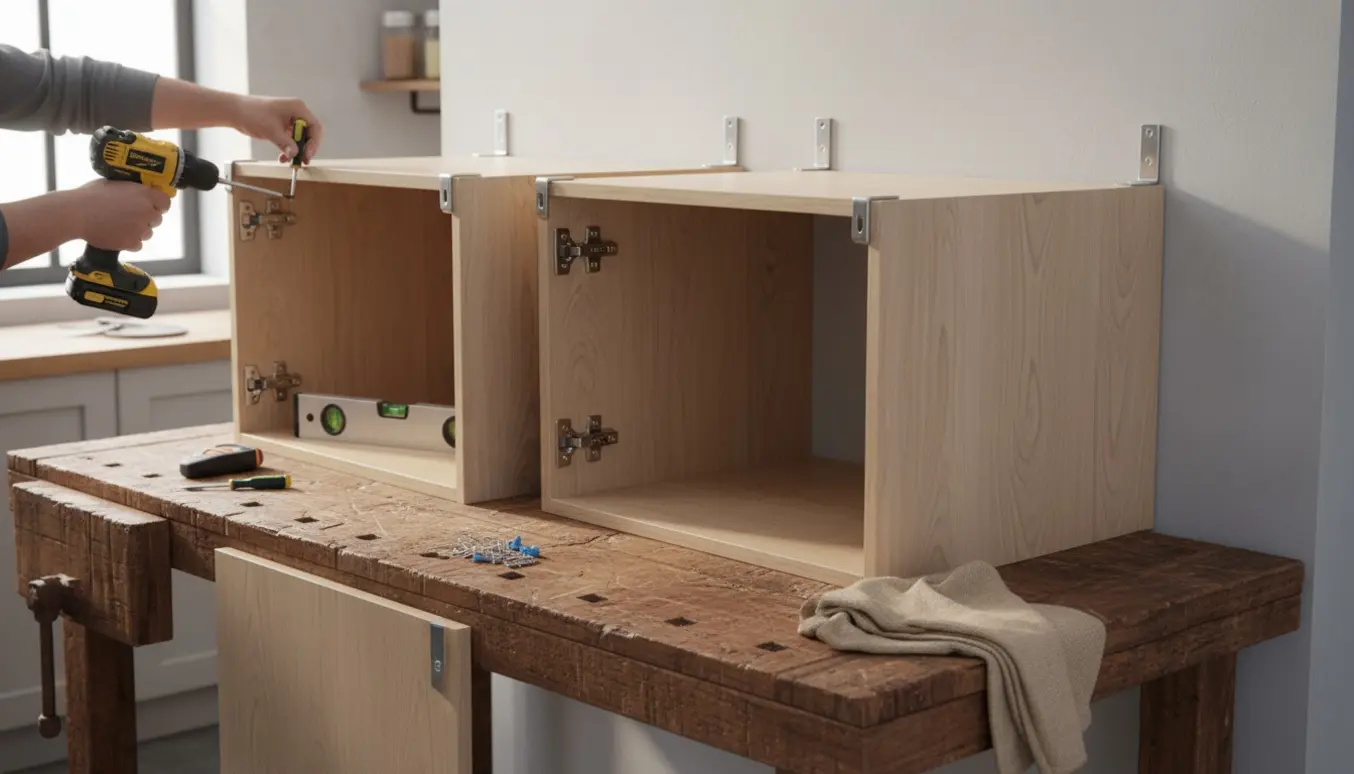 Hænder monterer beslag på to overskabe med værktøj klar til at sætte låger på og hænge skabene op.