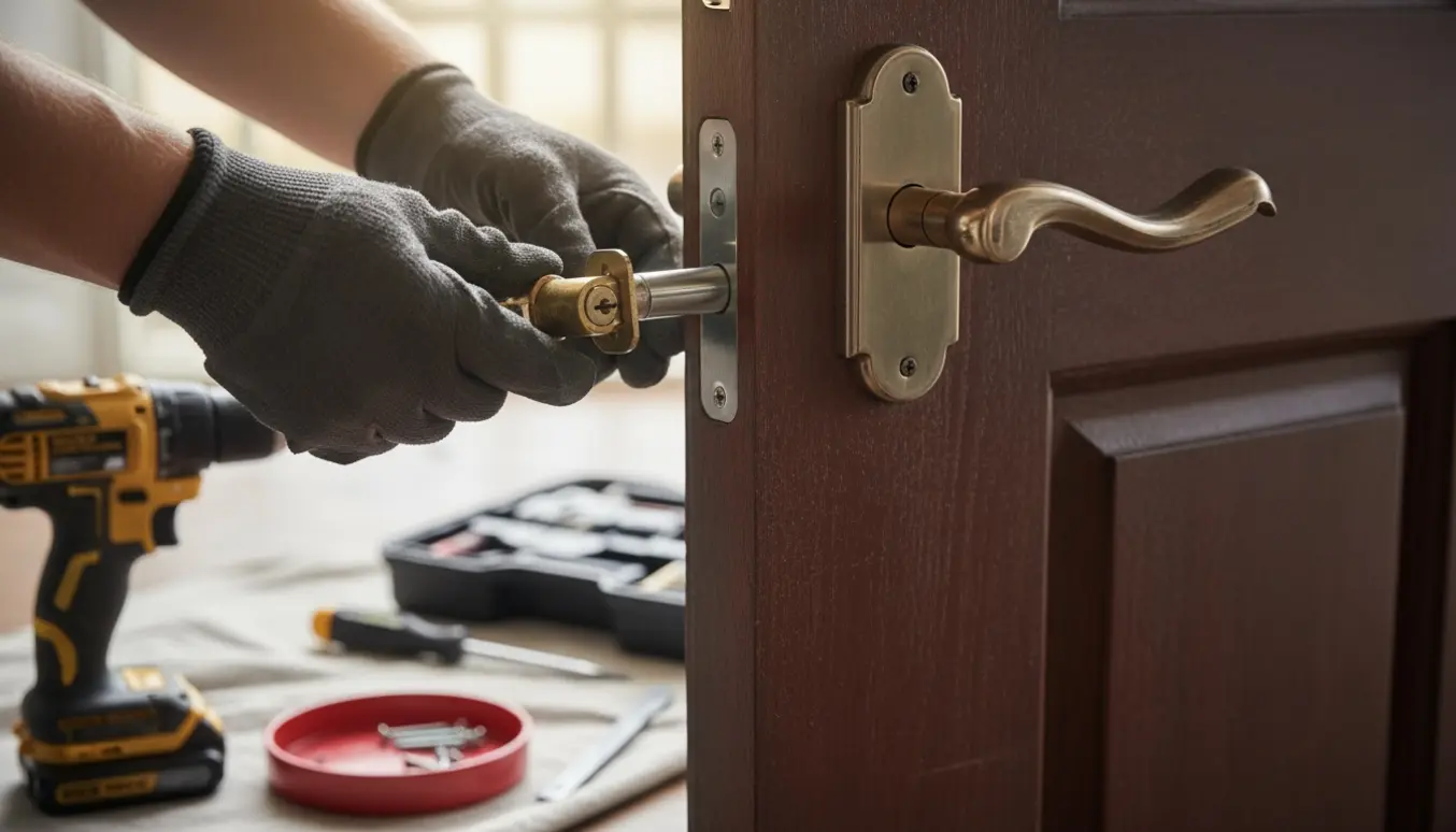 Nærbillede af hænder, der udskifter låsecylinderen på en hoveddør med værktøj i baggrunden.