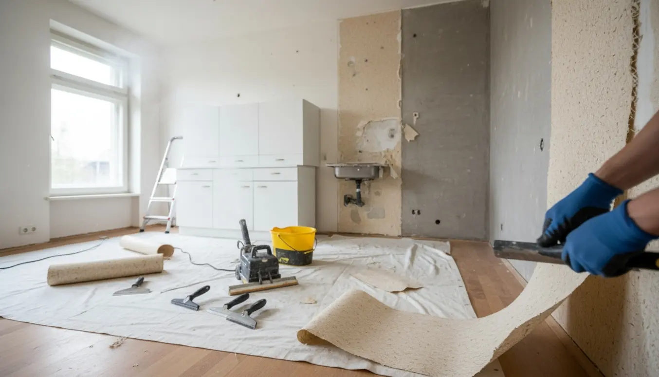 Solbelyst lejlighedskøkken under renovering, hvor savsmuldstapet skrabes væk og værktøj ligger klar.