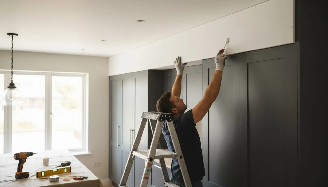 Montage af plade mellem køkkenskabe og loft med værktøj og hænder i fokus.