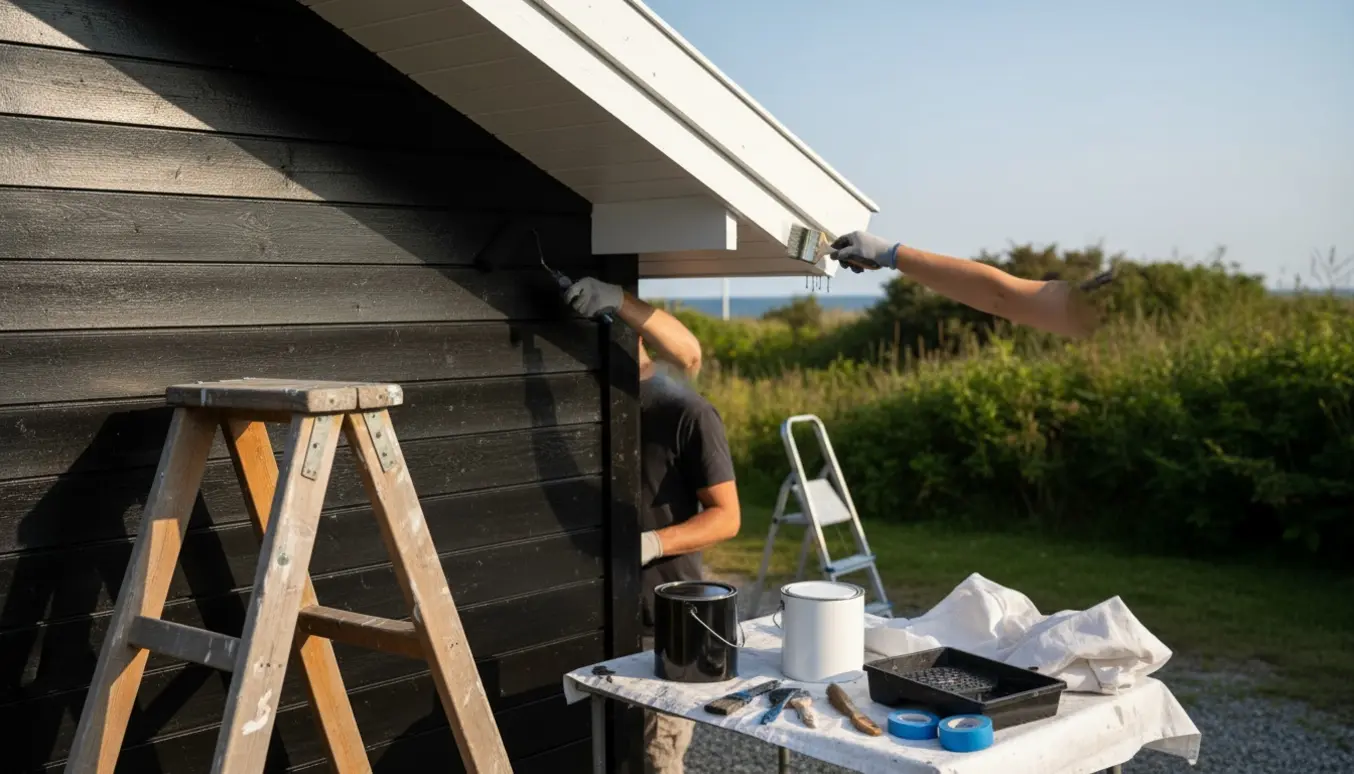 Sommerhusfacade under maling med sorte trævægge og nymalede hvide udhæng, malerredskaber i forgrunden.