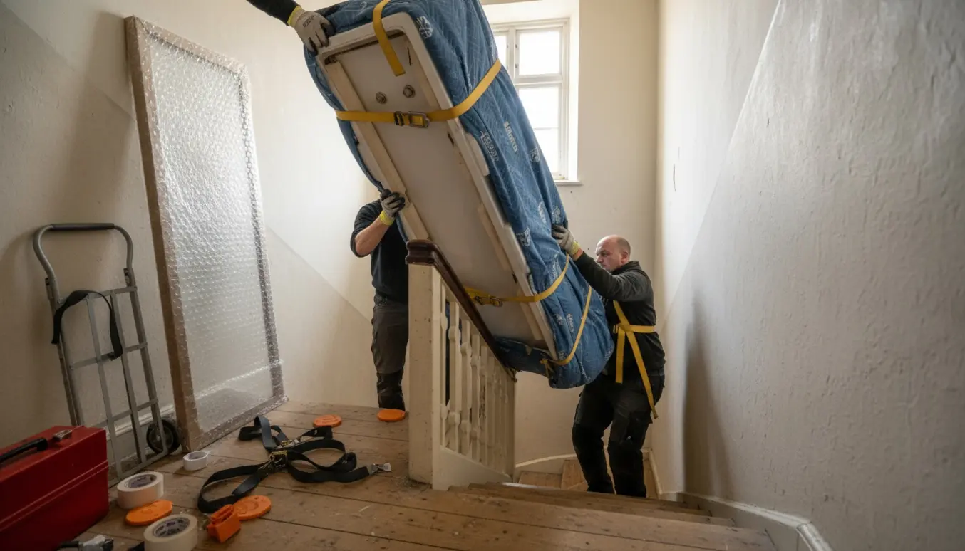 Flyttefolk bærer et indpakket badekarsstykke op ad en smal trappe i en københavnsk opgang.