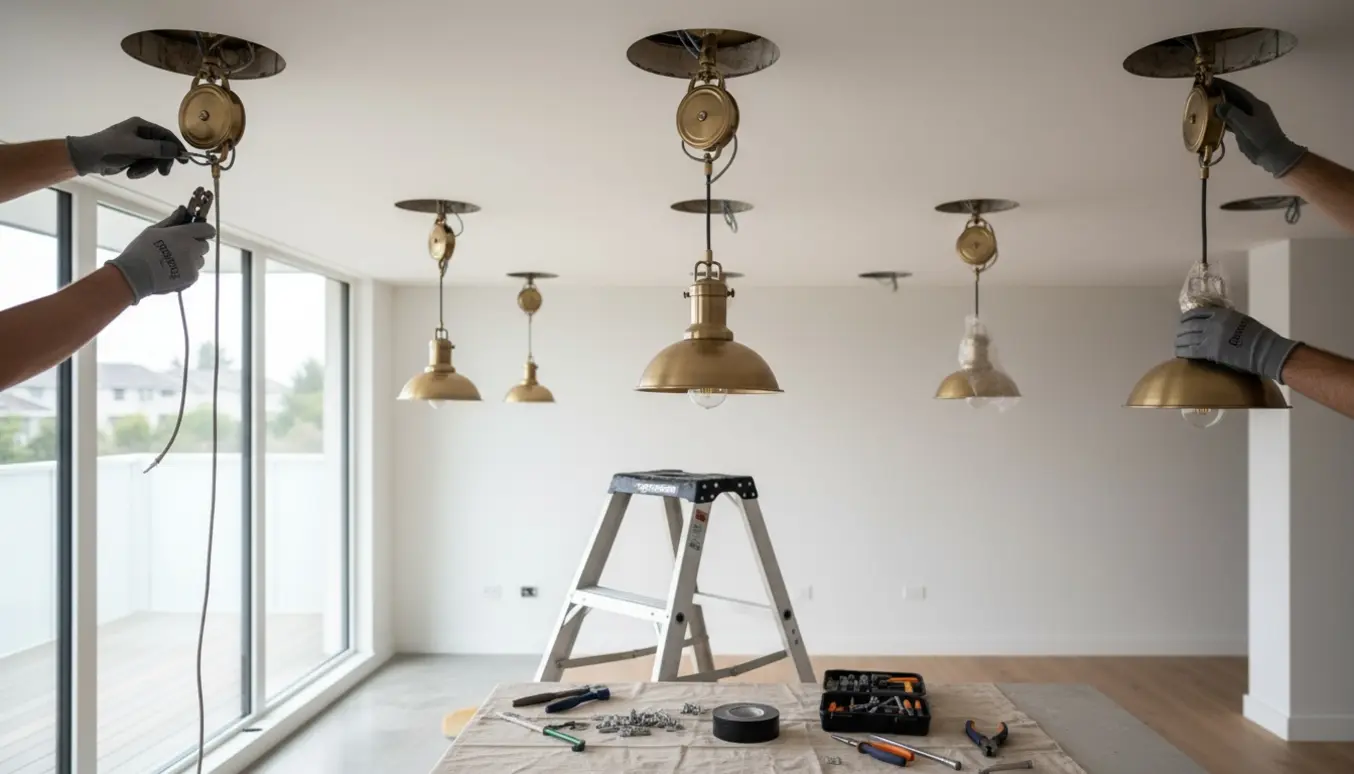 Hænger en loftslampe op, mens fire andre lamper får ny ledning i en lys stue med værktøj i forgrunden.