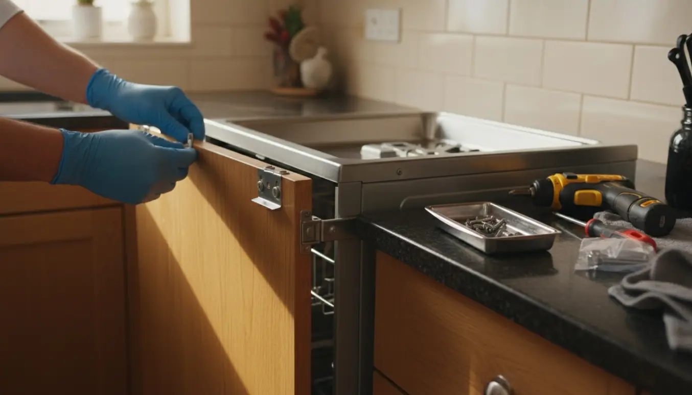 Hænder monterer beslag på lågen til en integreret opvaskemaskine i et lyst køkken.