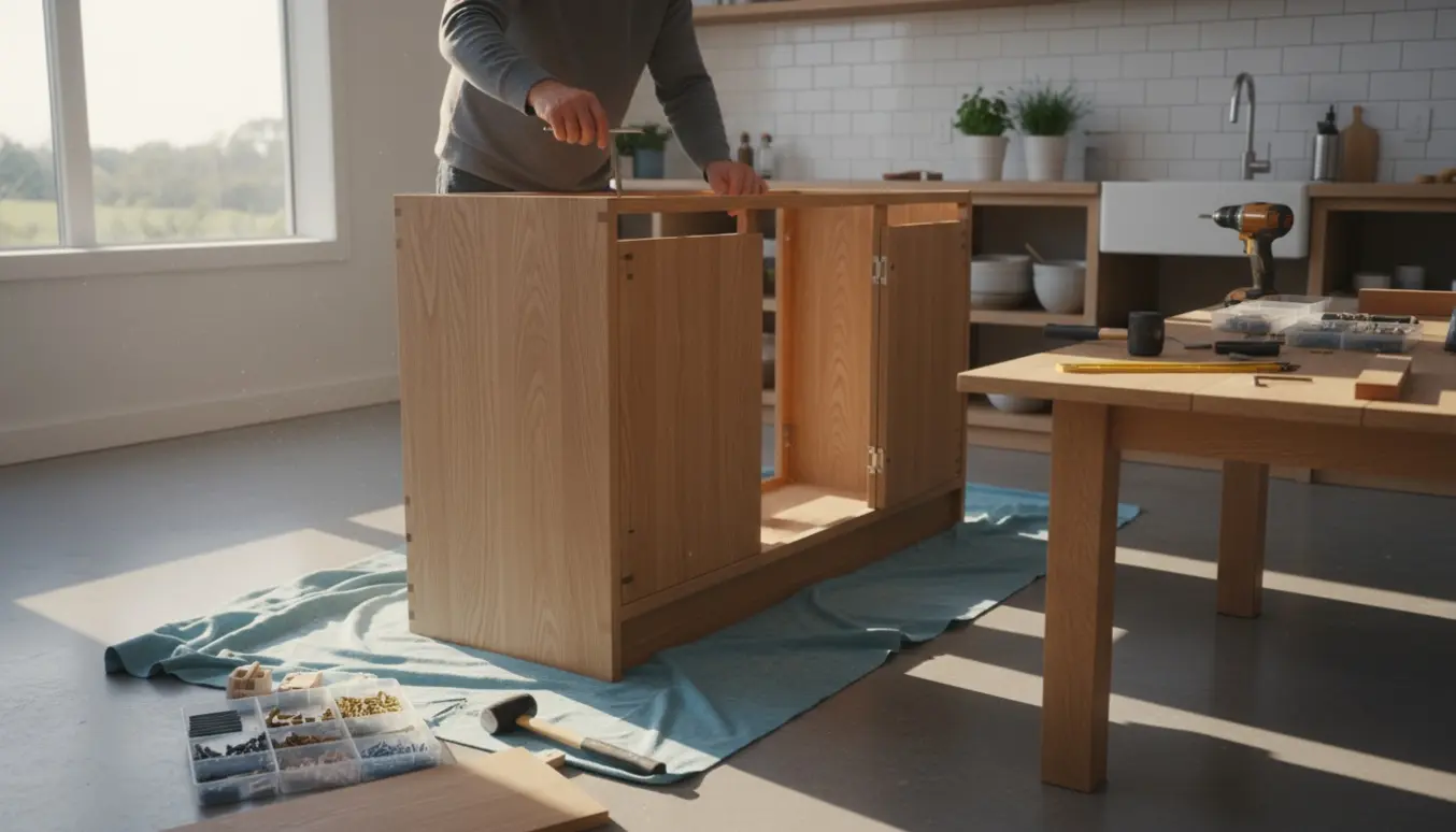 Delvist samlet køkkenskænk med udlagte dele og værktøj i et lyst, moderne køkken.