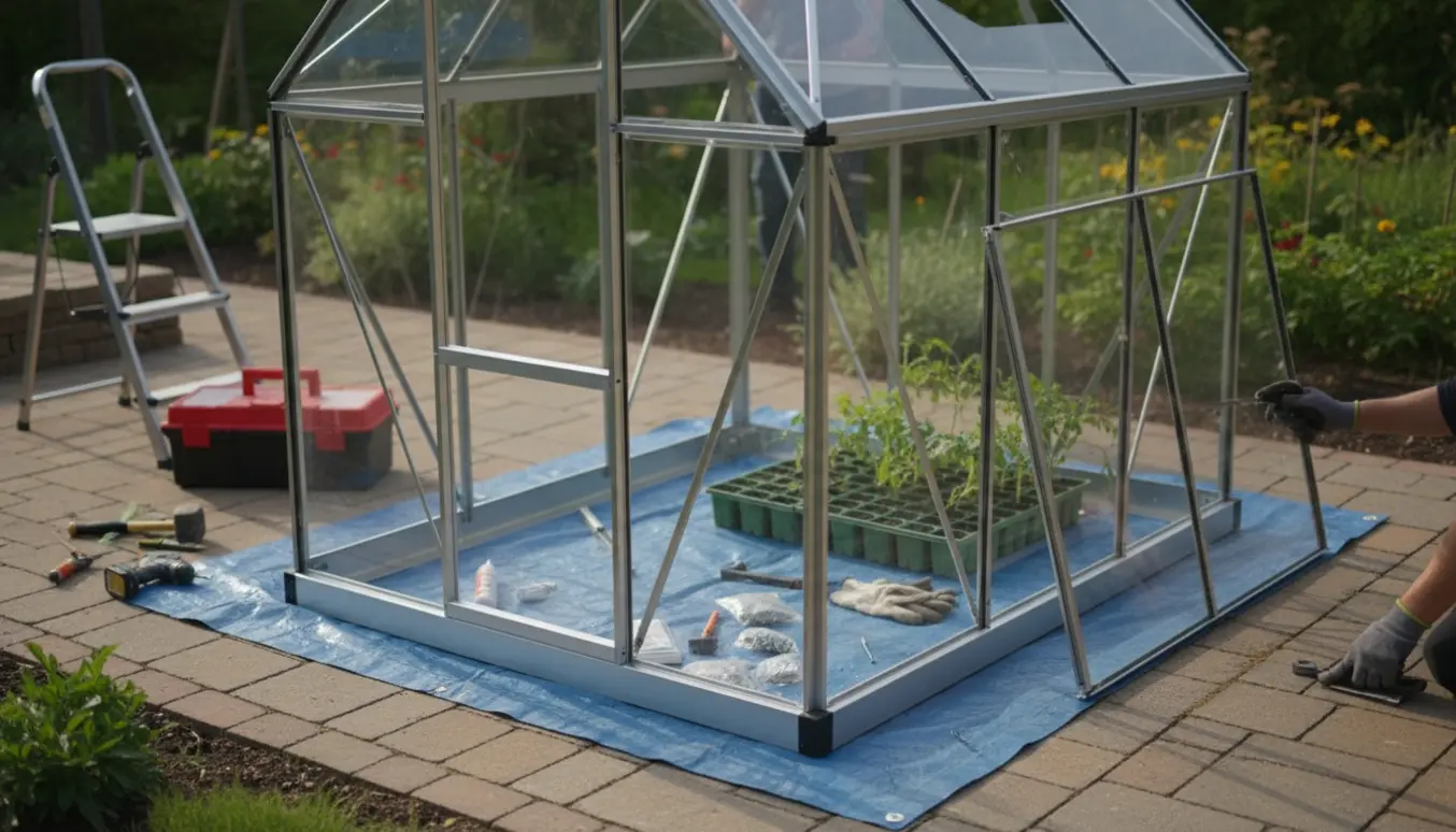 Delvist samlet lille drivhus i haven med værktøj og materialer klar til montering.