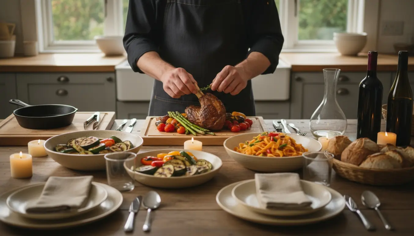 Kok i privat hjem anretter en fleret-retters middag ved et hyggeligt dækket bord.