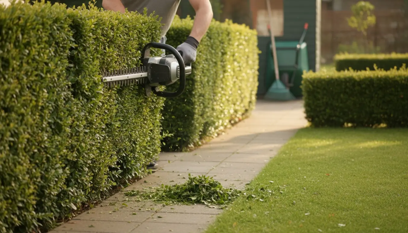 Hækkeklipper i brug på en lang hæk med nyklippede kanter og afklip på græsset.