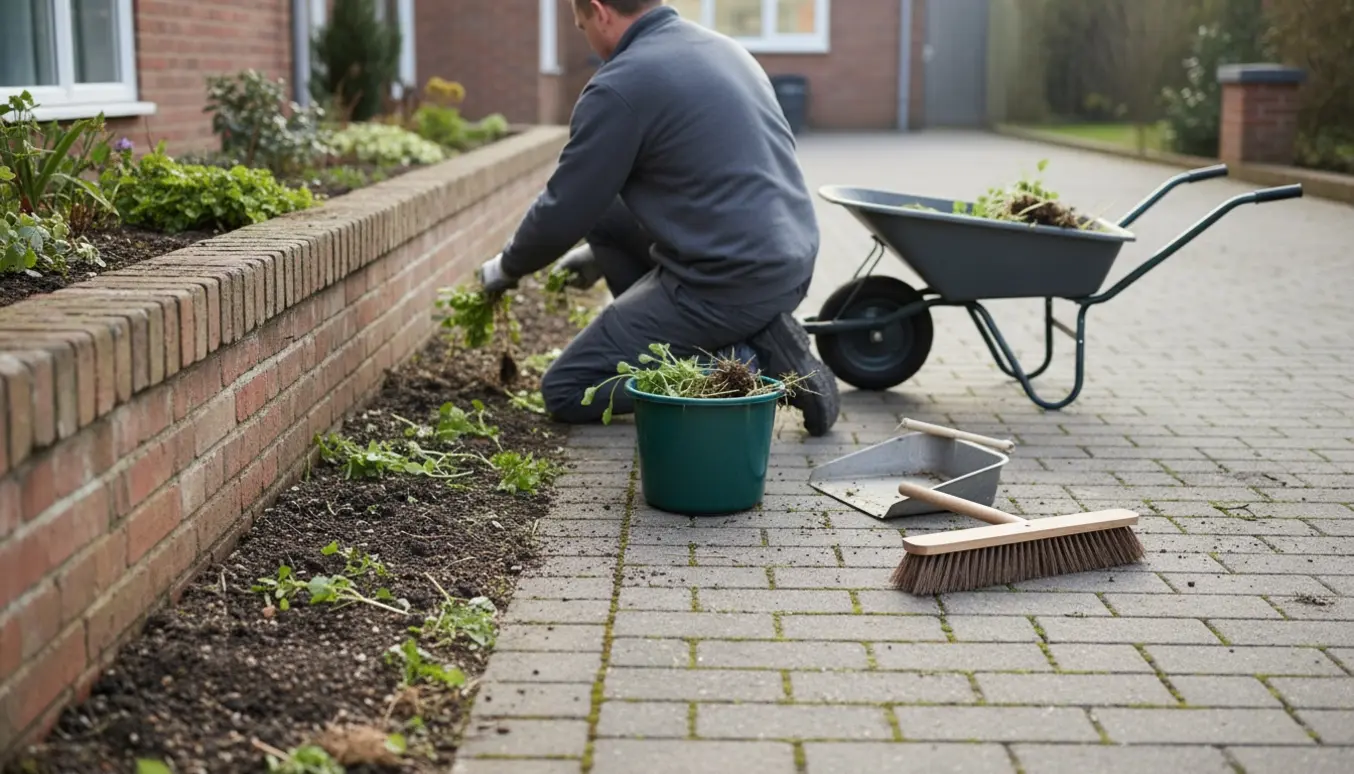 Indkørsel ved lav mur under lugning og fejning med kost, skovl og spand fuld af ukrudt.