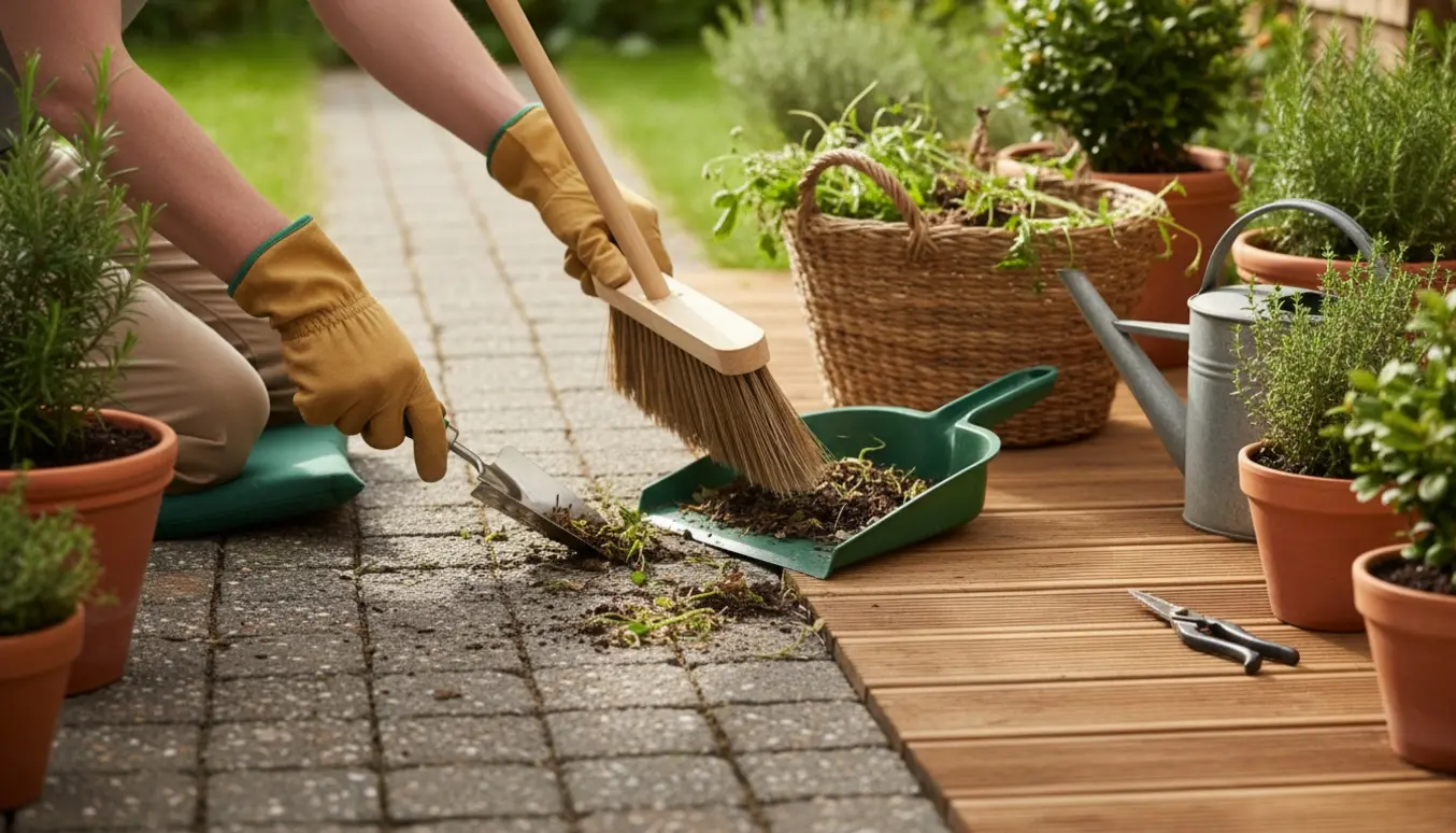En person luger og fejer en havegang og terrasse med kost og handsker på en solrig morgen.