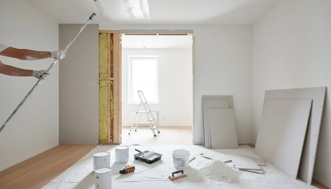 Lyst lejlighedsværelse under renovering med hvid maling, gipsplader og isolering ved et dørhul.