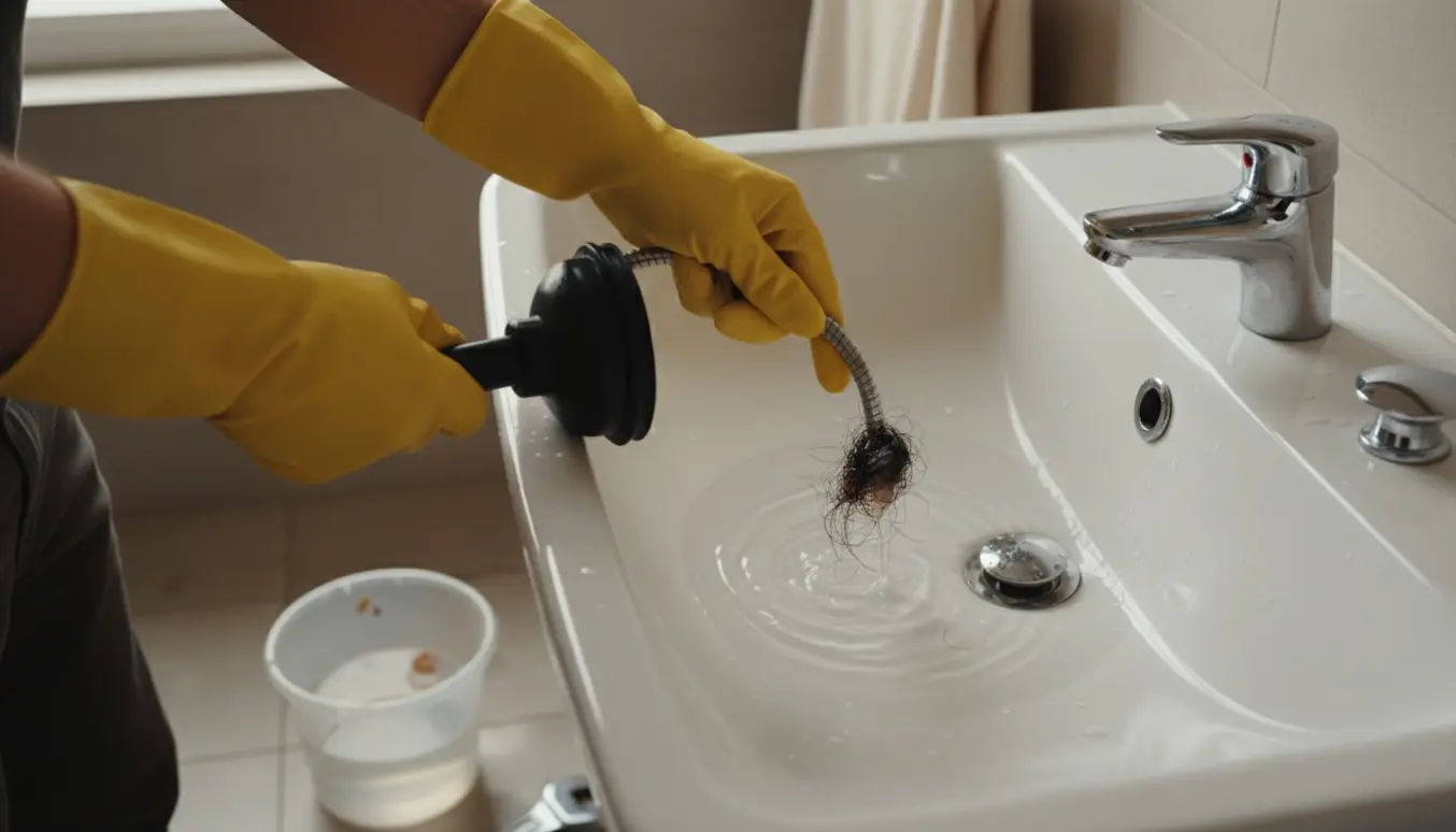 Hænder med gummihandsker bruger sugekop og afløbsslange til at fjerne hår fra en tilstoppet håndvask.