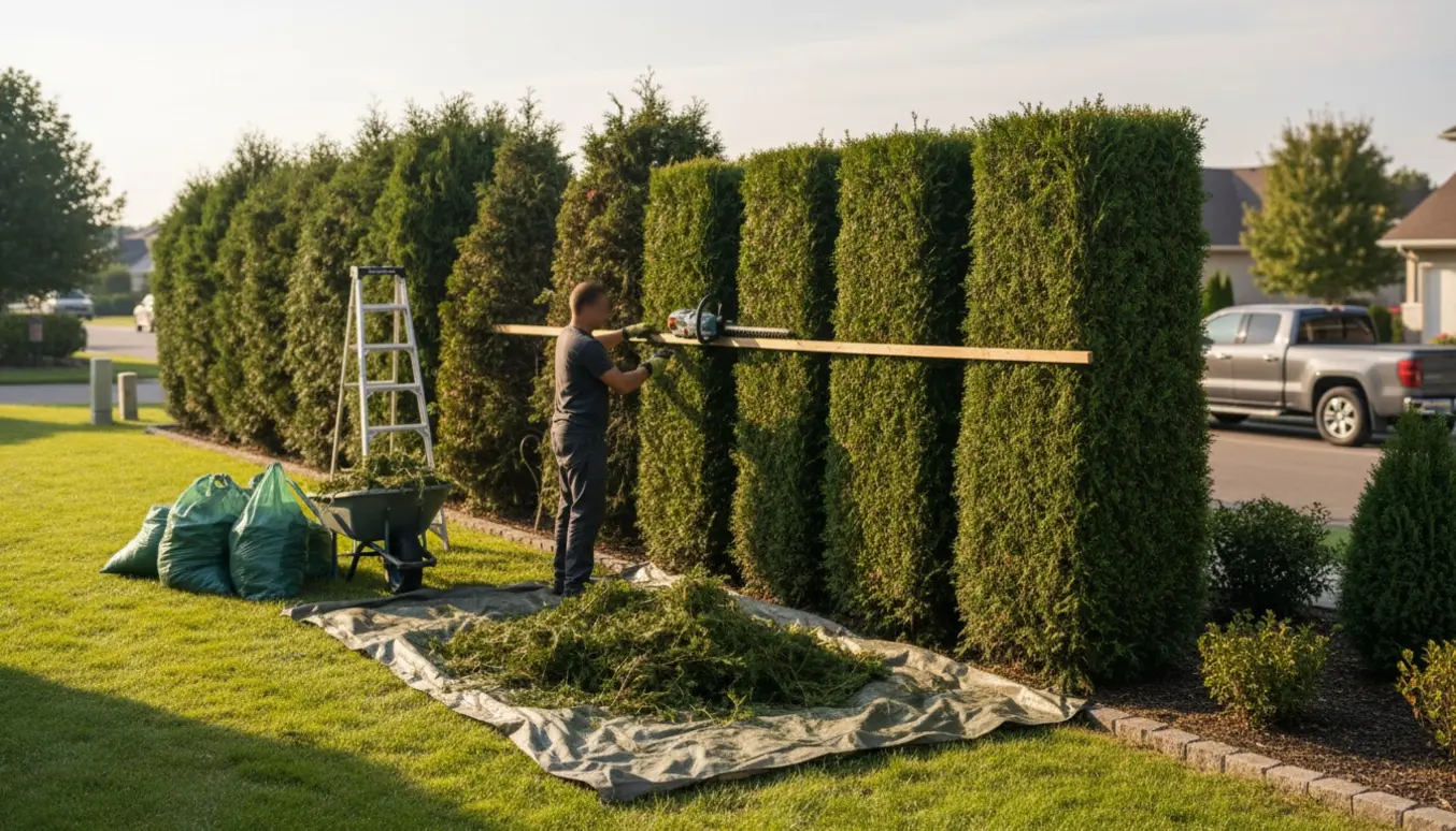 Professionel beskæring af en lang thuja-hæk med værktøj, opsamlede afklip og fyldte affaldssække i haven.