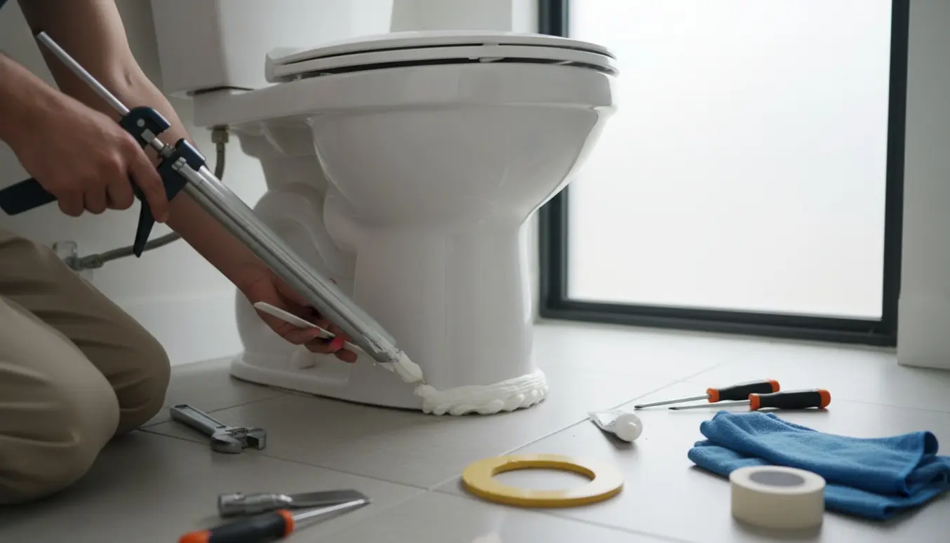 Hænder limer et gulvstående toilet fast på flisegulvet med fugepistol og værktøj.