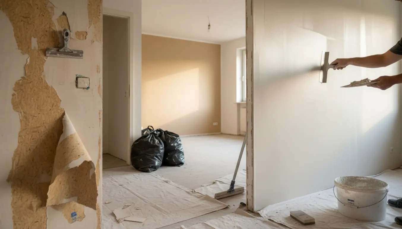 Tom lejlighed hvor savsmuldstapet er ved at blive fjernet og vægge fuldspartlet med værktøj klar til bortskaffelse.